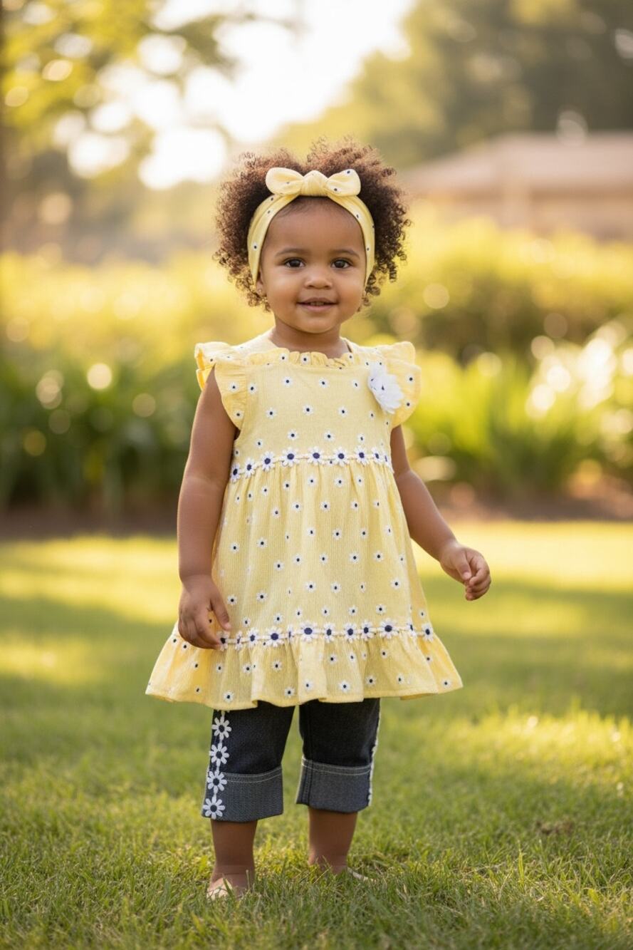 Yellow Daisy Top Jean Pants NEW Hair Band Size 4 Little Lass Toddler Sleeveless